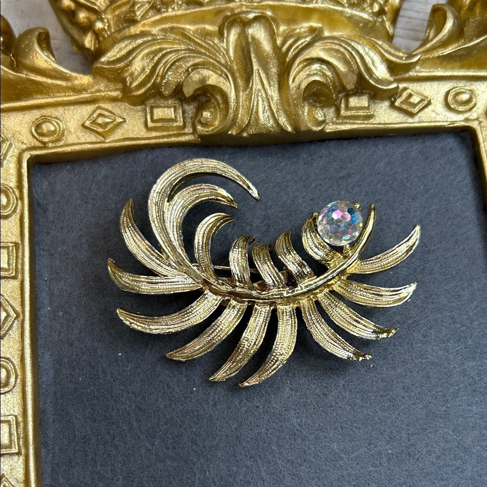 Vintage Gold Leaf Brooch with AB Crystal Accent